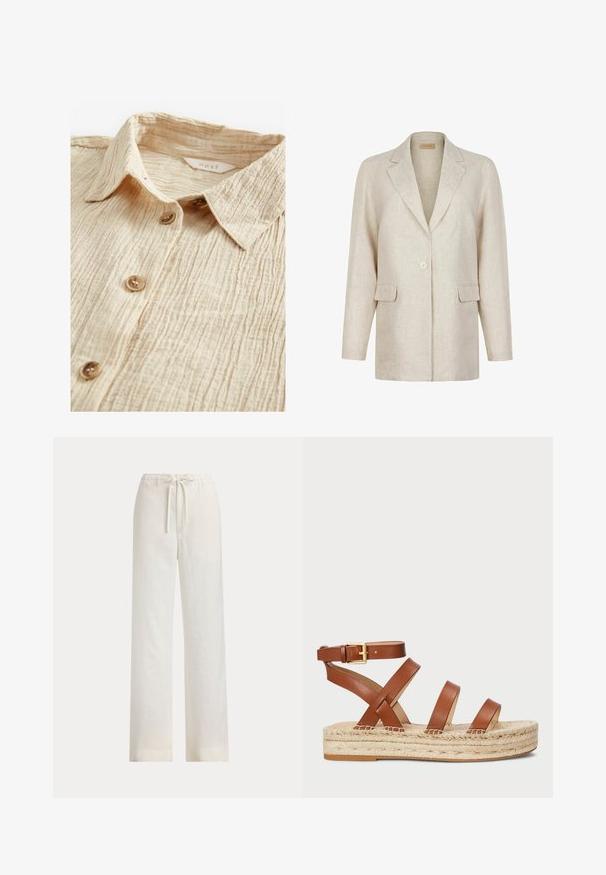 Blazer beige à un bouton avec revers crantés, manches longues et deux poches à rabat à l’avant, en tissu texturé.; Chemise beige à boutonner avec un tissu texturé et froissé. Dispose d'un col et de cinq boutons marron sur le devant. Étiquette visible à l'intérieur.; Pantalon blanc ample avec taille élastique et cordon, présenté sur un fond uni.; Sandale en cuir marron avec trois sangles et une boucle à la cheville, dotée d'une semelle en jute tressé pour plus de texture et de hauteur.