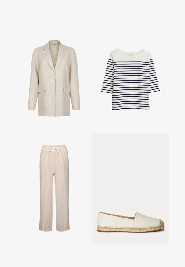 Beige enkeltknappet blazer med hakkede revers, lange ærmer og to frontlommer med klap, lavet af tekstureret stof.; Bomulds skjorte med 3/4 ærmer, med horisontale marineblå og hvide striber, rund udskæring og en løs pasform.; Linnedbukser i lys beige med elastisk talje og snøre, der har en afslappet pasform og lige ben.; Hvid slip-on espadrille med flettet jutesål og syninger langs kanterne, vist fra ydersiden.