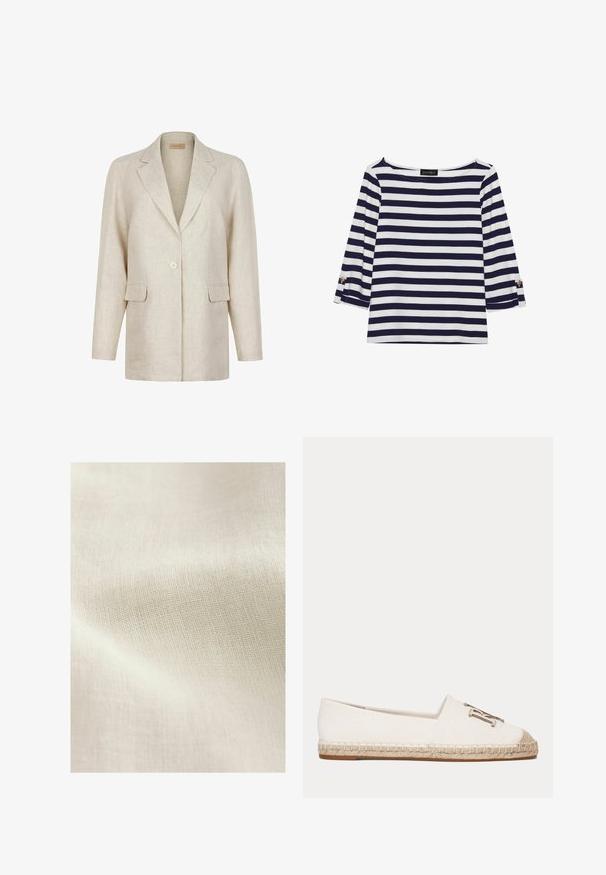 Beige enkeltknappet blazer med hakkede revers, lange ærmer og to frontlommer med klap, lavet af tekstureret stof.; Marineblå og hvide stribede langærmede top med bådudskæring og guldknapdetaljer på opsmøgede ærmer. Blødt stof, afslappet pasform.; Lys beige tekstureret stof med et vævet mønster, der viser subtile variationer i farve og overfladedetaljer. Blød, glat tekstur generelt.; Hvid lærreds espadrille sko med flettet jutebund og metallisk dekorativt emblem foran.
