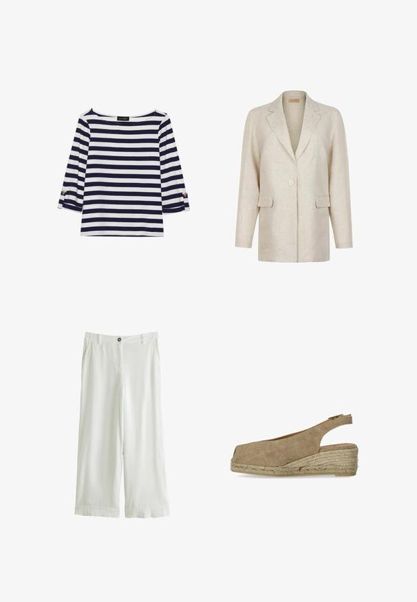 Blazer beige à un bouton avec revers crantés, manches longues et deux poches à rabat à l’avant, en tissu texturé.; Haut rayé bleu marine et blanc à manches longues avec un col bateau et des accents de boutons dorés sur les manches retroussées. Tissu doux, coupe décontractée.; Pantalon blanc à jambes larges avec poches latérales, passants pour ceinture, fermeture par bouton, et une texture de tissu lisse et légère.; Castañer DOSALIA - Espadrilles - sand