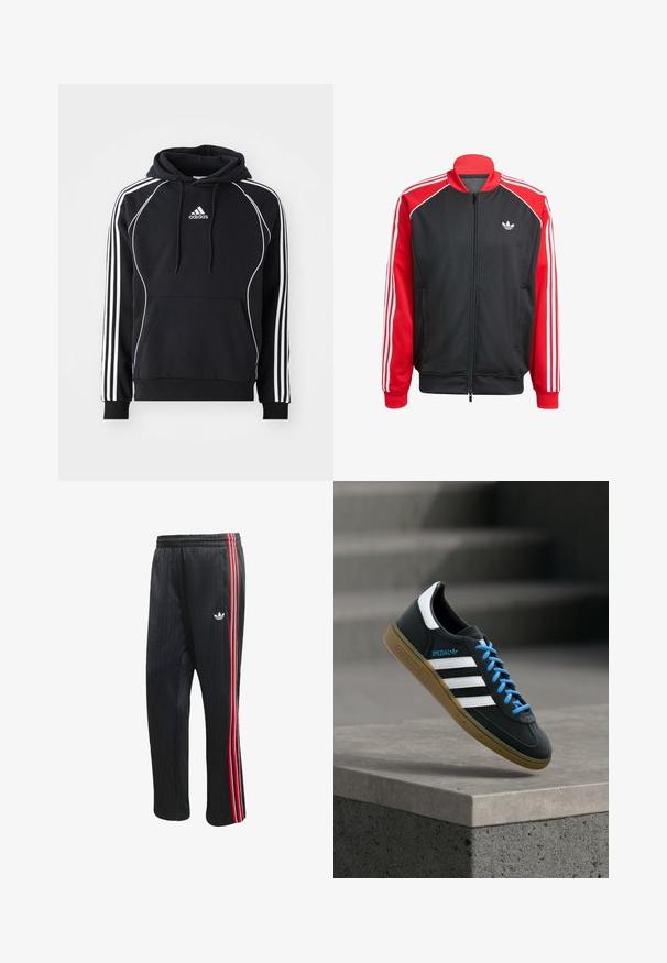 Zwarte mesh jas met rode mouwen, voorzien van drie witte strepen op elke mouw en een klein wit logo op de borst. Ritssluiting.; Zwarte Adidas hoodie met witte strepen op de mouwen, witte piping aan de voorkant, een voorvak en een capuchon met trektouw.; Zwarte trainingsbroek met verticale geribbelde textuur, voorzien van rode en witte zijstrepen en een klein wit logo op het linkerbeen.; Zwarte Adidas-sneaker met witte strepen, blauwe veters en een gumzool die boven een grijze betonnen trede zweeft in zacht licht.