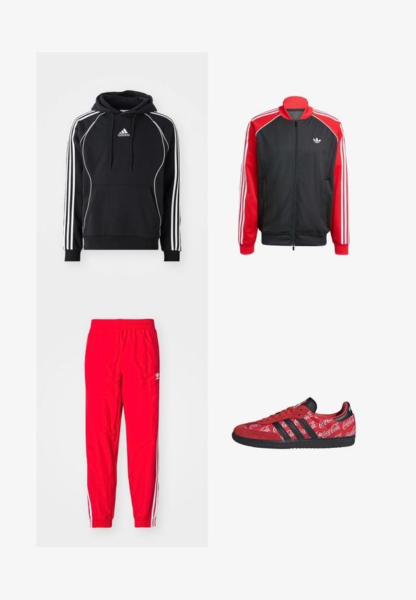 Schwarze Netzjacke mit roten Ärmeln, mit drei weißen Streifen auf jedem Ärmel und einem kleinen weißen Logo auf der Brust. Reißverschluss.; Schwarzer Adidas-Hoodie mit weißen Streifen an den Ärmeln, weißen Paspeln auf der Vorderseite, vorderer Kängurutasche und kapuze mit Kordelzug.; Rote Sporthose mit elastischem Bund, weißen gestreiften Akzenten an den Seiten und einem kleinen weißen Logo am linken Oberschenkel.; Roter Adidas Sneaker mit schwarzen Streifen und Sohle, mit weißen Coca-Cola-Logos auf dem gesamten Stoffoberteil.
