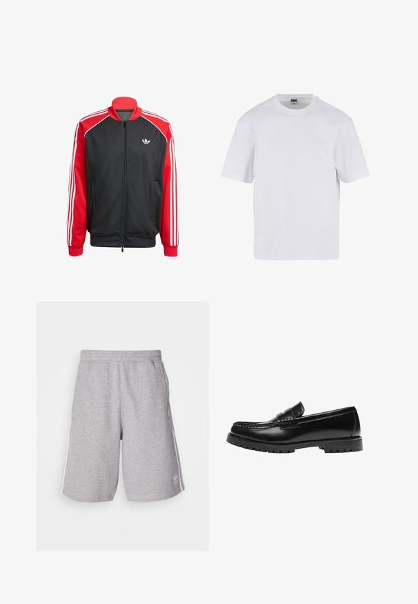 Zwarte mesh jas met rode mouwen, voorzien van drie witte strepen op elke mouw en een klein wit logo op de borst. Ritssluiting.; Witte kraagloze t-shirt met korte mouwen, gemaakt van katoen. Heeft een ronde halslijn en een losse pasvorm. Soepele textuur, minimalistisch ontwerp, geen patronen of accenten.; Grijze sportshorts van katoenmix stof. Voorzien van zijzakken, een elastische tailleband en witte zijstrepen. Klassiek ontwerp.; Zwarte leren loafer met een dikke rubberen zool en klassieke penny-strap details, gezien vanaf de buitenkant.