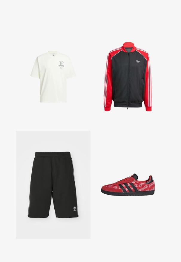 Zwarte mesh jas met rode mouwen, voorzien van drie witte strepen op elke mouw en een klein wit logo op de borst. Ritssluiting.; Witte katoenen t-shirt met een ronde hals, korte mouwen en een grafische print met "Adidas" en "Los Angeles" in het groen.; Zwarte shorts van een katoenmix met een elastische tailleband, voorzien van witte zijkanten en een klein logo aan de onderlinkerkant.; Rode Adidas sneaker met zwarte strepen en zool, met witte Coca-Cola-logo's over het hele stoffen bovenwerk.