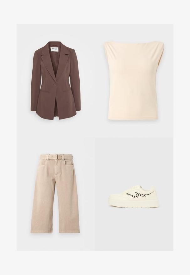 Blazer marron ajusté avec un col cranté, fermeture à un bouton, deux poches latérales et texture lisse. Intérieur entièrement doublé.; Blouse sans manches beige avec larges épaules et encolure bateau, présentée sur un fond gris clair uni.; Pantalon beige à larges jambes avec passants de ceinture, poches latérales et fermeture à boutons sur le devant, présenté sur fond blanc.; Baskets à plateforme crème avec semelle épaisse et accent à imprimé léopard sur le côté, présentées sur un fond gris clair uni.