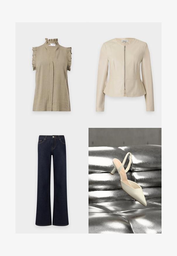 Beige imiteret læderjakke med rund halsudskæring, lange ærmer og lynlås foran. Har en peplumkant og en glat, glinsende overflade.; Khaki ærmeløs top lavet af let materiale, med en volang krave og skulderdetaljer, samt en subtil frontplissé.; Mørkeblå vidde denimjeans med forlommer, knap- og lynlåslukning samt synlige kontrastsyninger.; Enkelt hvid spids slingback højhælet sko liggende på en skinnende, metallisk sølv tuftet overflade.