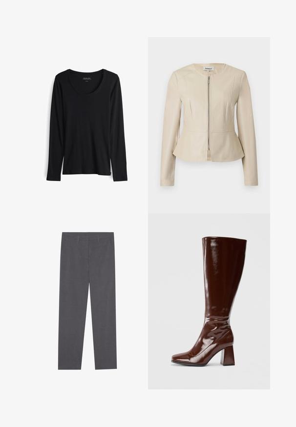 Beige jas van kunstleer met een ronde halslijn, lange mouwen en een ritssluiting aan de voorkant. Heeft een peplumzoom en een gladde, soepele textuur.; Zwarte longsleeve t-shirt van zacht, soepel stof. Heeft een ronde halslijn en aansluitende mouwen met een rechte zoom. Minimalistisch ontwerp.; Even&Odd Broek - dark grey; Kniehoge bruine laarzen van gepatenteerd leer met een vierkante neus, glanzende afwerking en een chunky hak voor stabiliteit. Naadloos ontwerp zonder zichtbare hardware.