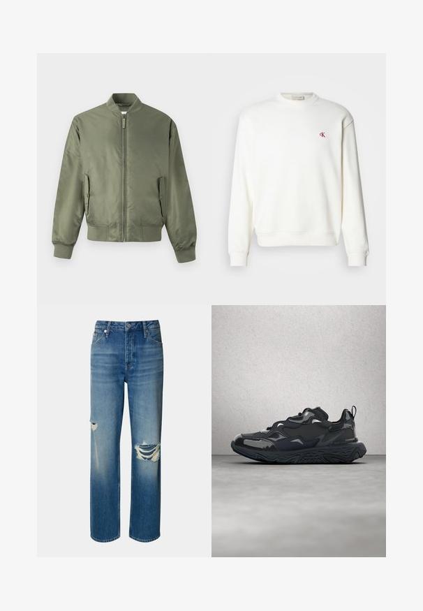 Olivgroene bomberjack met een ritssluiting aan de voorkant, geribbelde manchetten en zoom, zijzakken en een gladde, glanzende textuur. Minimalistisch ontwerp.; Witte crewneck sweatshirt van katoen, met een klein rood "ck" logo op de borst, ribbelboorden en een ribbelzoom. Eenvoudige, gladde textuur.; Lichtblauwe denim jeans met een hoge taille, rechte pijpen en versleten scheuren op beide knieën. Voorzien van het klassieke vijf-pocket ontwerp en een knoopsluiting.; Zwarte hardloopschoen met een gestructureerd bovenwerk, gladde accenten en een dikke zool met een golvend profiel, ontworpen voor comfort en duurzaamheid.
