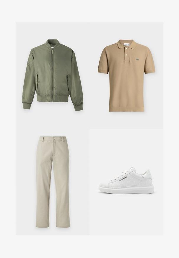 Olivgroene bomberjack met een ritssluiting aan de voorkant, geribbelde manchetten en zoom, zijzakken en een gladde, glanzende textuur. Minimalistisch ontwerp.; Beige polo met korte mouwen, kraag, plooi met twee knopen en klein groen krokodillenlogo op de linkerborst.; Beige katoenen broek met een rechte pasvorm, voorzien van een knoopsluiting en twee frontzakken. Glad textuur en schoon ontwerp met minimale details.; Witte sneaker van glad leer met een reliëfpatroon. Heeft een ronde neus, vetersluiting aan de voorkant, en een textuurzool. Zilveren logo detail aan de zijkant.