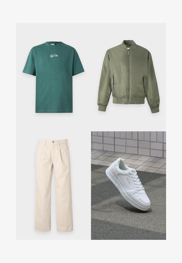Olivengrøn bomberjakke med lynlås foran, ribkantede manchetter og kant, sidelommer og en glat, blank tekstur. Minimalistisk design.; Grøn bomuld T-shirt med rund hals og korte ærmer. Har hvid, kursiv tekst "high tea" på forsiden. Enkel design, ingen mønstre.; Beige brede bukser med høj talje, der har folder foran, en knappelukning foran og et glat bomuldsstof.; Hvide sneakers med glat læderoverdel, perforeret tå for åndbarhed og tekstureret sidepanel. Letvægts gummisål. Snørebåndsdesign.