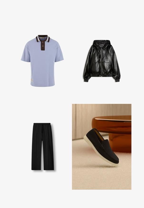 Veste à capuche zippée en similicuir noir avec motif texturé, poche kangourou, poignets élastiques et capuche à cordon de serrage ajustable.; Polo bleu clair avec un col côtelé marron comportant des rayures blanches, deux boutons marron et un petit logo sur l'ourlet avant.; Pantalon noir ample avec taille élastique et cordelette, jambes droites, détail de pli frontal, présenté sur fond blanc.; Mocassin noir sans lacets avec semelle blanche posé sur un tapis beige à côté d'une base de table ronde de couleur ambre.