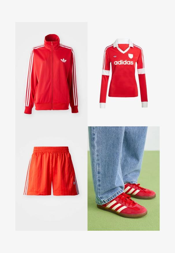 Rød zip-up træningsjakke lavet af glat stof, med hvide tre-striber på ærmerne og et lille hvidt logo på brystet.; Rød langærmet fodboldtrøje med hvid krave og manchetter. Har tre hvide striber på skuldrene og "adidas" logoet fremtrædende vist.; Røde sportsshorts med lodrette hvide striber, elastisk talje og lyseblå detaljer langs siderne. Har sidelommer.; Røde ruskinds sneakers med tre hvide striber, rund tå og tekstureret sål, parret med lyseblå denim jeans på en grøn baggrund.