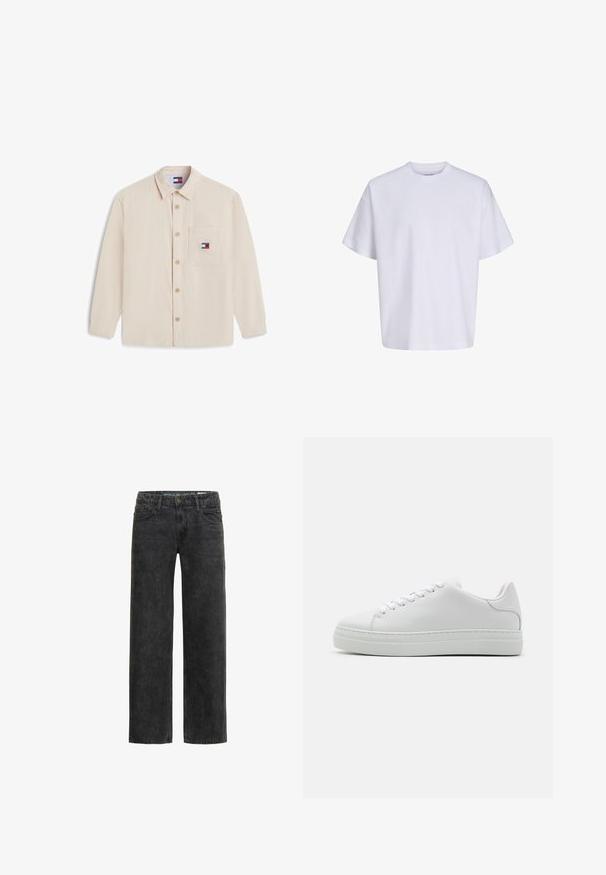 Beige Langarm-Hemd mit Knöpfen, Kragen und Brusttasche, die ein kleines Tommy Jeans Logo-Patch trägt.; Schlichtes weißes oversized T-Shirt mit kurzen Ärmeln, Rundhalsausschnitt und lockerem Sitz vor weißem Hintergrund.; Schwarze Jeans aus Denim mit einem entspannten Schnitt, geraden Beinen, fünf Taschen und einer subtilen, ausgewaschenen Textur. Mit einem Knopf- und Reißverschluss.; Weiße Ledersneaker mit einer klobigen Plattformsohle, runder Zehenpartie und sechs Ösen. Glatte Textur mit subtilen Stichdetails.