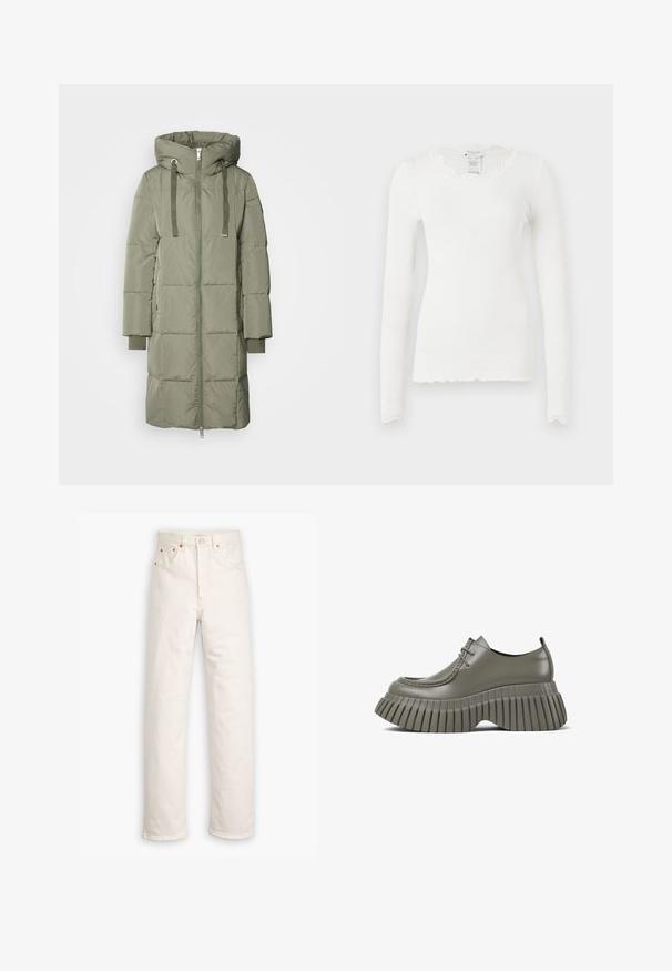 Mos Mosh NOVA SQUARE - Daunenmantel - tea; Weißes langärmliges Oberteil mit geripptem Design und gewelltem Spitzenbesatz am Ausschnitt und an den Bündchen, taillierte Silhouette und runder Halsauschnitt.; Weiße Denim-Jeans mit geradem Bein, im Fünf-Taschen-Stil und mit kupferfarbenen Hardware-Details. Rohschnitt an den Knöcheln.; Stylische graue Schuhe mit einem eleganten Obermaterial und einer ausgeprägten, geriffelten Sohle. Das Design verfügt über Schnürsenkel und eine zeitgemäße Ästhetik.
