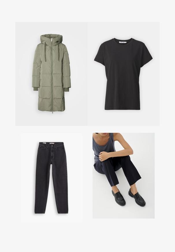 Mos Mosh Manteau d'hiver - tea; T-shirt en coton noir avec un col rond classique, des manches courtes et une coupe décontractée. Texture lisse, sans motifs ni accents visibles.; Jean en denim noir avec une coupe droite, comportant cinq poches, une fermeture à bouton à l'avant et des détails brodés le long des coutures.; Mocassins en cuir noir avec accents texturés, talon bas, bout arrondi, et coutures visibles. Modèle portant un pantalon sombre et un haut gris.