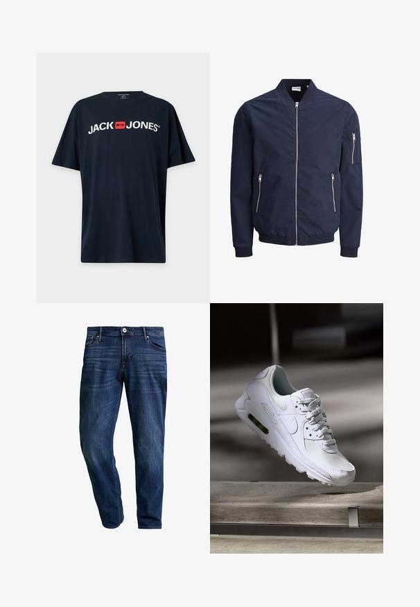 Marinefarvet bomberjakke med lynlås foran, ribbet krave og manchetter, to sidelommer og en lynlåslomme på den øverste arm, fremstillet af et glat stof.; Sort T-shirt med korte ærmer med hvid "JACK JONES" tekst og et rødt firkantet logo centreret på brystet.; Mørkeblå klassiske straight-leg denim jeans med frontknap, lynlås og fem-lomme-design på en hvid baggrund.; Hvide Nike Air Max 90 sneakers med en overdel i mesh og læder, perforeret tåboks og en synlig luftenhed i hælen.