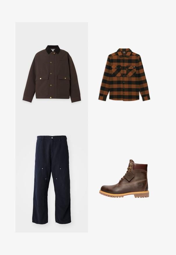 Chaqueta marrón oscuro con cuello negro, botones de presión dorados en la parte delantera y en dos grandes bolsillos delanteros, extendida sobre fondo blanco.; Camisa de manga larga en un patrón de cuadros naranja y negro, hecha de una tela texturizada. Presenta dos bolsillos en el pecho y cierre frontal con botones.; Pantalones de pierna ancha color azul marino, hechos de algodón con un acabado texturizado. Presenta dos bolsillos delanteros con acentos de botón y un cierre delantero con botón.; Botín de cuero marrón hasta el tobillo con punta redonda, suela resistente, herrajes en tono dorado y parte superior texturizada. Incluye una etiqueta con el logo adjunta.