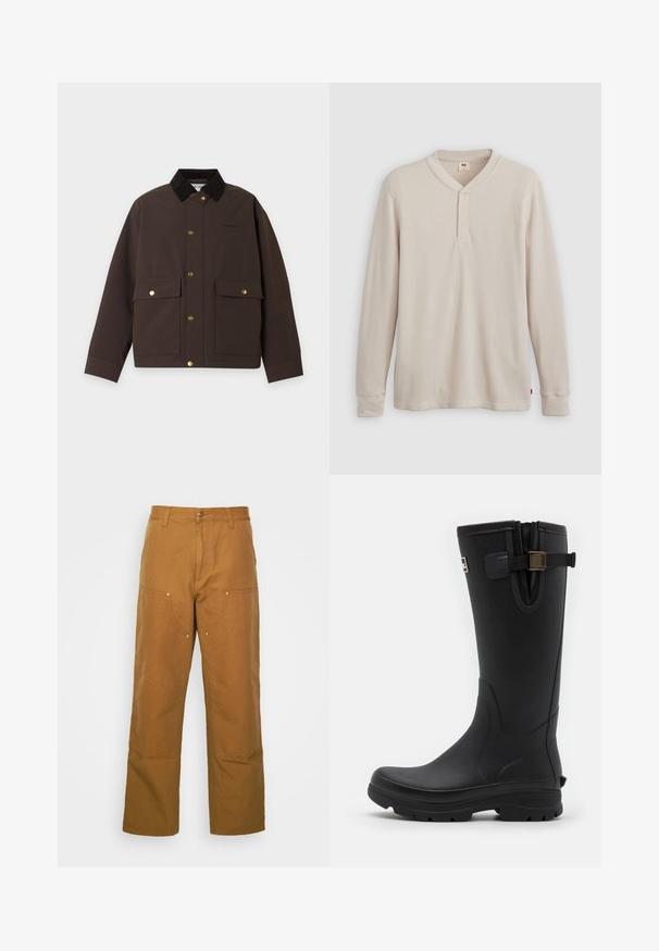 Donkerbruine jas met zwarte kraag, gouden drukknopen aan de voorkant en op twee grote voorzakken, plat gelegd op een witte achtergrond.; Lange mouwen henley-shirt in lichtbeige ribbelstof, met een V-hals, een drieknoopsluiting en manchetten. Rode logo-label aan de onderkant.; Bruine katoenen utility broeken met een rechte pijpdesign, voorzien van voorzakken en metalen hardware accenten voor extra duurzaamheid.; Barbour TEMPEST TALL WELLY - Regenlaarzen - black
