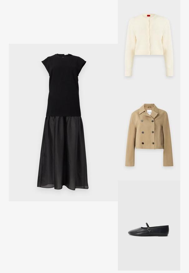 Veste beige courte à double boutonnage avec large col, six boutons foncés, manches longues et poches latérales, présentée sur un fond uni.; Cardigan court couleur crème avec encolure ronde, manches longues et boutons sur le devant, avec une étiquette de marque rouge à l'intérieur du col.; Robe noire sans manches avec un corsage ajusté et une jupe fluide, transparente et froncée, s'étendant jusqu'au sol.; Ballerines noires en cuir avec un bout pointu, une semelle plate et une petite sangle avec un détail de boucle en argent.