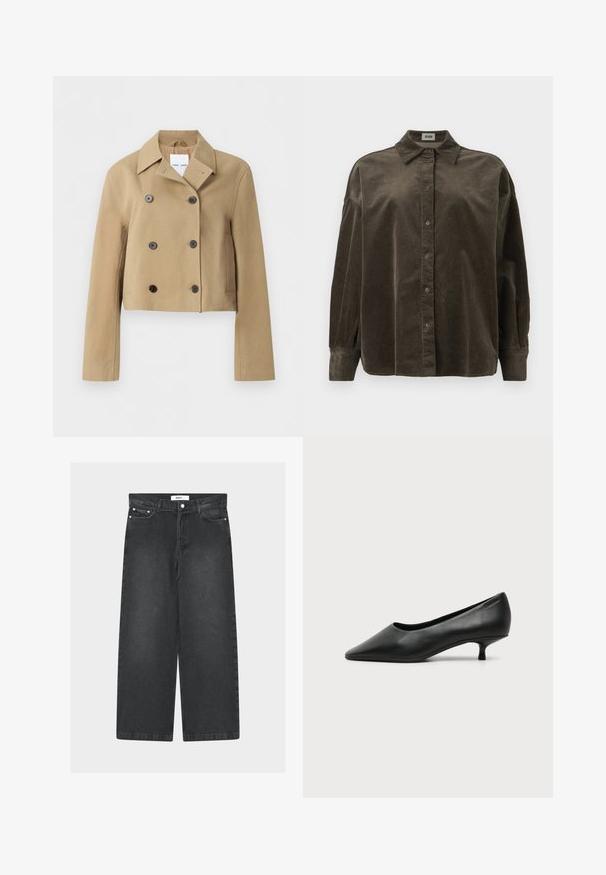 Beige cropped dubbelgeknoopte jas met brede kraag, zes donkere knopen, lange mouwen en zijzakken, getoond op een effen achtergrond.; Donkerbruine corduroy langekkige overhemd met knopen en een kraag, met verlaagde schouders, gepresenteerd op een effen witte achtergrond.; Zwarte denim wijde broek met hoge taille, voorzakken en een knoopsluiting. Voorzien van een taillekoord en een gladde textuur.; Zwarte leren damesschoen met lage hak, puntige neus en kleine kittenhak op een effen lichte achtergrond.