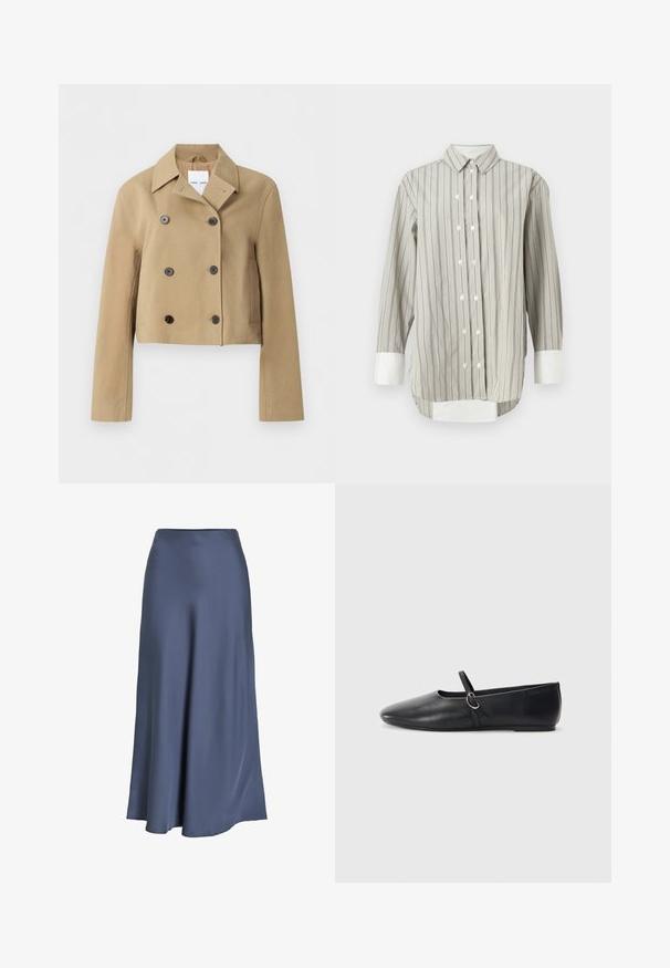 Chaqueta beige corta de doble botonadura con cuello ancho, seis botones oscuros, mangas largas y bolsillos laterales, expuesta sobre un fondo liso.; Camisa a rayas en gris y blanco, con un cuello clásico, cierre de botones con botones blancos, y puños en blanco contrastante. Mangas largas.; Falda A-line de satén en azul oscuro. Textura suave, de largo hasta el suelo, con cintura ajustada y dobladillo acampanado. Sin patrones visibles ni elementos de hardware.; Bailarinas de cuero negro con punta afilada, suela plana y una pequeña correa con detalle de hebilla plateada.