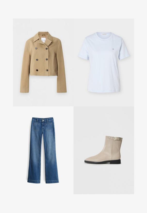 Beige cropped dubbelgeknoopte jas met brede kraag, zes donkere knopen, lange mouwen en zijzakken, getoond op een effen achtergrond.; Effen lichtblauw T-shirt met korte mouwen en ronde hals, met een klein schildlogo op de linkerborst.; Vervaagde blauwe denim wijde pijpen jeans met een knoopsluiting, riemlussen en twee achterzakken. Soepele textuur met een klassieke vijf-pocket ontwerp.; Beige leren enkellaars met spitse neus, zwarte zool, lage hak en gouden gespband aan de buitenkant, weergegeven op een witte achtergrond.