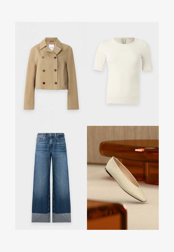 Chaqueta beige corta de doble botonadura con cuello ancho, seis botones oscuros, mangas largas y bolsillos laterales, expuesta sobre un fondo liso.; Top de punto acanalado de manga corta color blanco hueso con cuello redondo y etiqueta de Calvin Klein en la parte interior trasera del cuello.; Vaqueros de pierna ancha en azul con un degradado de denim oscuro a claro, presentando un dobladillo sin acabar y sutilezas en los detalles de costura. Diseño clásico de cinco bolsillos.; Zapato plano beige con perforaciones geométricas flotando sobre una alfombra clara en una habitación con muebles de color ámbar.