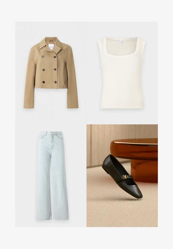 Veste beige courte à double boutonnage avec large col, six boutons foncés, manches longues et poches latérales, présentée sur un fond uni.; Débardeur sans manches de couleur crème avec un décolleté carré, une texture côtelée et une coupe ajustée. Tissu lisse avec des bords propres et droits.; Jeans larges bleu clair à taille haute, en tissu denim. Présente une fermeture à bouton et éclair avec des poches avant.; Chaussure plate en cuir noir avec bout pointu et logo CK doré sur la bride, posée sur un tapis beige près d'une table ronde couleur ambre brun.