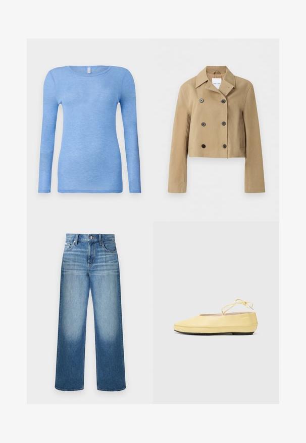 Beige cropped dubbelgeknoopte jas met brede kraag, zes donkere knopen, lange mouwen en zijzakken, getoond op een effen achtergrond.; Lichtblauwe t-shirt met lange mouwen in een zachte, lichte stof. Heeft een ronde hals en een aansluitend ontwerp. Geen zichtbare patronen of accenten.; Blauwe straight-leg spijkerbroek met knoop- en ritssluiting, ontwerp met vijf zakken en vervaagde wassing op dijen en knieën.; Gele leren ballerina's met een ronde neus, dunne enkelband en een zwarte rubberen zool. Gladde textuur met minimale ontwerpdetails.