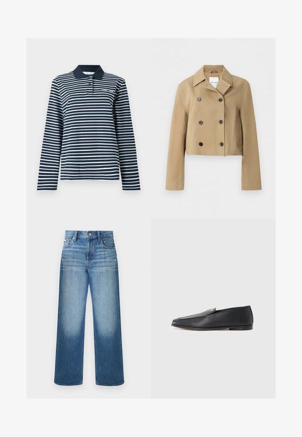 Veste beige courte à double boutonnage avec large col, six boutons foncés, manches longues et poches latérales, présentée sur un fond uni.; Polo à manches longues à rayures bleu marine et blanches, en coton, avec un col boutonné et un petit logo sur la poitrine.; Jean denim bleu à jambes droites avec fermeture à boutons et glissière, design à cinq poches et délavage sur les cuisses et les genoux.; Mocassins en cuir noir à texture lisse, bout arrondi et détails de couture subtils. Ils présentent un accent logo doré sur le côté supérieur.