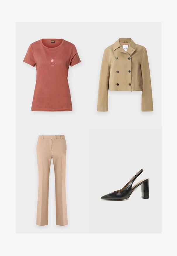 Veste beige courte à double boutonnage avec large col, six boutons foncés, manches longues et poches latérales, présentée sur un fond uni.; T-shirt à manches courtes couleur rouille avec un col rond et un petit graphisme de soleil rose avec le texte "AMAR EL SOL" sur la poitrine.; Pantalon beige droit sur mesure avec passants de ceinture et plis avant, présenté sur un fond blanc.; Chaussure slingback en cuir noir à bout pointu avec un talon bloc haut et une doublure intérieure beige sur un fond clair uni.