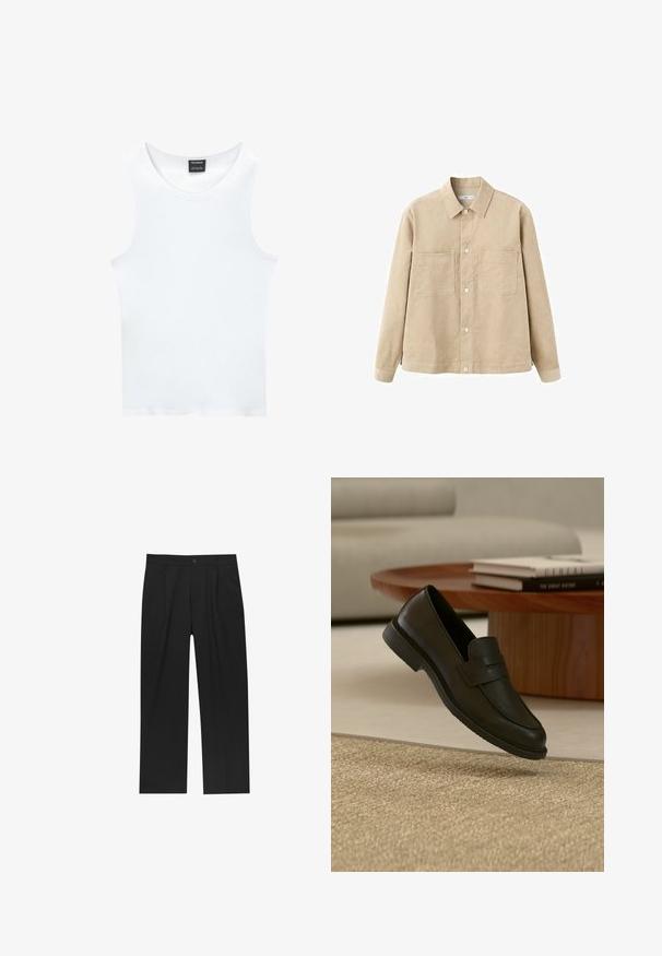 Beige cordfløjls-skjorte med knapper, krave, to brystlommer og lange ærmer. Glat tekstur og klassisk design.; Hvid ærmeløs tanktop lavet af ribbet bomuld. Har en rund halsudskæring og en glat tekstur. Etiketten siger "PULL&BEAR."; Sorte bukser med lige ben, lavet af et glat stof. Har frontfolder og en enkelt knaplukning i taljen.; Sort læderloafer vist i luften over en beige vævet tæppe, med et træbord og stablede bøger i et blødt oplyst stue.