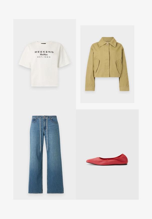 Veste courte beige avec large col, fermeture à boutons sur le devant et deux grandes poches à rabat sur un fond uni.; T-shirt blanc à manches courtes avec texte noir imprimé "WEEKEND MaxMara EST. 1983" centré sur le devant.; Jean bleu à jambes larges avec bouton sur le devant, fermeture éclair et cordon blanc à la taille, avec poches avant et arrière.; Filippa K REY FLATS - Ballerines - bright red