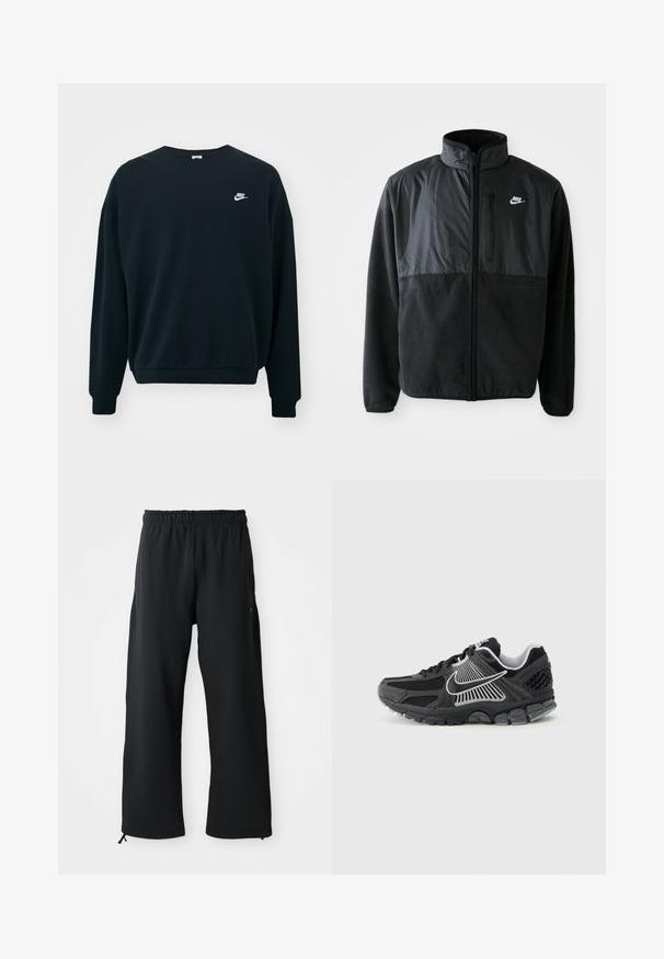 Schwarze Nike-Fleecejacke mit durchgehendem Reißverschluss, hohem Kragen, Reißverschlusstasche auf der Brust und kontrastierendem Stoffpaneel auf der oberen Vorderseite.; Schwarzer Nike-Pullover mit langen Ärmeln, rundem Halsausschnitt und gerippten Bündchen. Mit einem weißen Nike-Logo auf der linken Brustseite.; Schwarze weit geschnittene Hose aus weichem Stoff, mit elastischem Bund und Kordelzug, seitlichen Taschen und glatter Textur.; Schwarzer Sportschuh mit Mesh-Einsätzen und synthetischen Akzenten. Verfügt über eine abgerundete Zehenpartie, eine dicke gepolsterte Sohle und kontrastreiche weiße Logodetails.