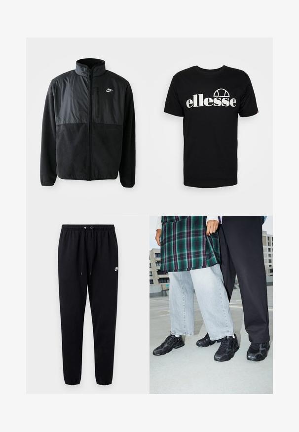 Sort Nike fleecejakke med fuld lynlås, høj krave, lynlåslomme på brystet og kontrasterende stofpanel på den øverste front.; Sort bomulds t-shirt med korte ærmer og rund halsudskæring. Har et stort hvidt "ellesse" logo og en buet grafik over teksten.; Sorte joggingbukser lavet af blødt stof med elastisk talje og snøre, tilspidsede ben og en lille hvid logo på venstre side.; Sorte atletik sko med mesh- og gummidetaljer. Båret med lysegrå vide jeans og en ternet grøn bluse. Flad overflade i baggrunden.