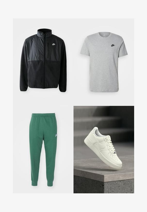 Chaqueta de forro polar negra de Nike con cremallera completa, cuello alto, bolsillo en el pecho con cremallera y panel de tela en contraste en la parte superior delantera.; Camiseta de manga corta gris de algodón, con un logo negro de Nike en el pecho y un cuello redondo. Diseño minimalista sin patrones.; Nike Sportswear CLUB JGGR - Pantalones deportivos - fir/white; Zapatilla deportiva de cuero blanco con diseño de perfil bajo, superficie texturizada, perforaciones en la punta y detalles plateados en los cordones y la marca.