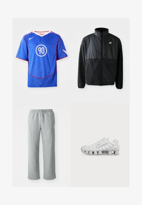 Sort Nike fleecejakke med fuld lynlås, høj krave, lynlåslomme på brystet og kontrasterende stofpanel på den øverste front.; Blå Nike fodboldtrøje med ternet mønster, korte ærmer, v-hals design, hvide accenter og et centralt cirkulært "90" grafik.; Grå bomulds sweatpants med elastisk talje, snorelukning og lige ben. Har et lille logo på den øverste venstre side.; Hvid Nike løbesko med synlig luftstøbt sål og sølv swoosh-logo på siden, vist fra ydersiden.
