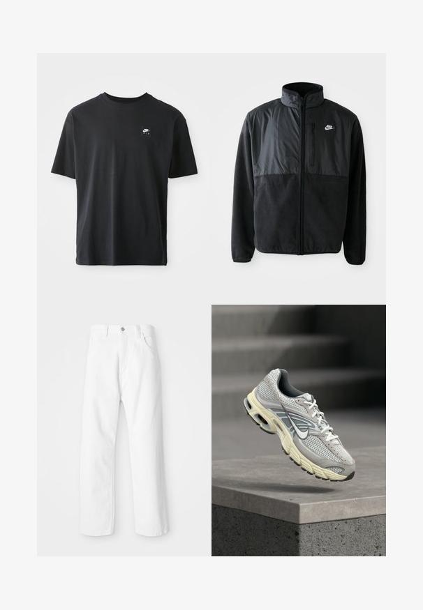 Zwarte Nike fleece jacket met volledige rits, hoge kraag, ritszak op de borst en contrasterend stoffenpaneel aan de bovenkant van de voorkant.; Zwarte katoenen T-shirt met korte mouwen, ronde hals, met een klein rechthoekig logo met "NIKE AIR" in het wit op de linkerborst.; Witte denim broek met een rechte pijpdesign, voorzien van een sluiting met een voorknoop en ritssluiting, vijf zakken en een schone, gestructureerde afwerking.; Grijs-witte Nike hardloopschoen met gevoerde zool zweeft boven een betonnen trede in een buitenomgeving.