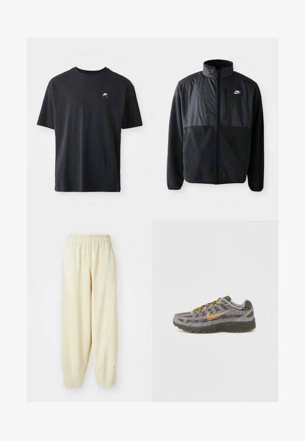Schwarze Nike-Fleecejacke mit durchgehendem Reißverschluss, hohem Kragen, Reißverschlusstasche auf der Brust und kontrastierendem Stoffpaneel auf der oberen Vorderseite.; Schwarzes Baumwoll-T-Shirt mit kurzen Ärmeln und Rundhalsausschnitt, das ein kleines rechteckiges Logo mit "NIKE AIR" in Weiß auf der linken Brust zeigt.; Cremefarbene Sweatpants mit einem elastischen Bund, schmal zulaufenden Beinen und einer lockeren Passform. Hergestellt aus weichem, leichtem Material.; Grauer Wildleder-Sneaker mit goldenen Akzenten, strukturierten Einsätzen und passenden Schnürsenkeln. Verfügt über eine gepolsterte Sohle und ein Logodetail an der Seite.