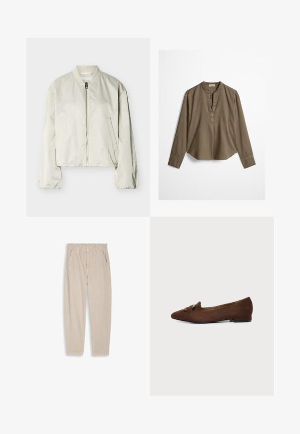 Veste bomber beige clair avec fermeture éclair frontale, col côtelé, manches longues et deux poches latérales, étalée à plat sur un fond blanc.; Blouse décontractée marron à manches longues avec col mandarin, pli à l'avant et ourlet légèrement arrondi, étalée à plat sur un fond blanc.; Pantalon beige à jambes droites avec taille élastique, passants pour ceinture, fermeture par bouton et poches avant, présenté sur un fond uni.; Chaussure plate marron à bout pointu avec détail décoratif de boucle sur le dessus, sur fond clair uni.