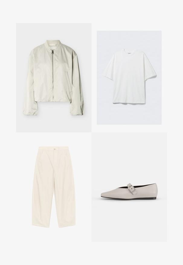 Veste bomber beige clair avec fermeture éclair frontale, col côtelé, manches longues et deux poches latérales, étalée à plat sur un fond blanc.; T-shirt blanc surdimensionné en coton à manches courtes avec col rond et une petite étiquette de marque à l'intérieur du col.; Pantalon crème à taille haute et jambes larges, avec bouton avant, fermeture éclair, passants pour ceinture et poches latérales inclinées.; Chaussure plate en cuir beige avec un bout pointu, un accent de boucle sur le côté et une semelle noire basse. Texture lisse et design minimaliste.
