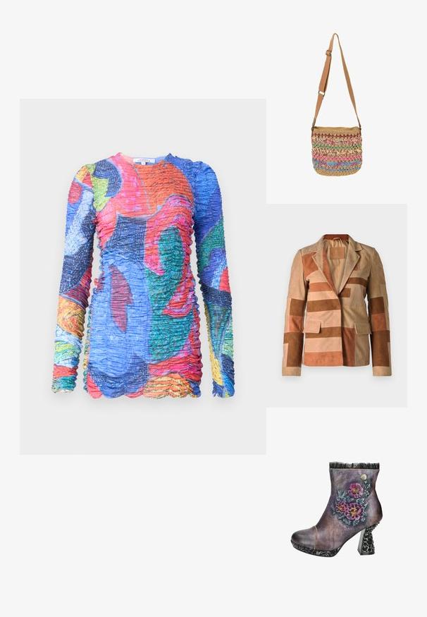 Suede blazeren med patchworkdesign i nuancer af beige og brun, med en notch-krave og to forlommer.; Multifarvet langærmet kjole med samlet tekstur. Har livlige mønstre i blå, rød, grøn og gul nuancer. Kant med bølger.; Læderankelstøvle i lilla med blomsterprægning, en sort snørebåndsdetalje øverst og en struktureret sort hæl med udskæringsdetaljer.; Håndvævet crossbody-taske med justerbar tan rem, der har flerfarvede garnstriber i pink, blå, grøn og beige.