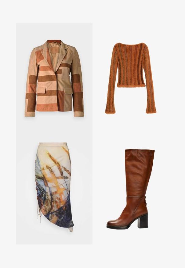 Suede blazeren med patchworkdesign i nuancer af beige og brun, med en notch-krave og to forlommer.; Langærmet, blød cropped sweater med lodrette striber i nuancer af brun og orange på hvid baggrund.; Materiel DIAGONAL GATHERED SKIRT - Pencil skirt - golden hour; Brune læder knæhøje støvler med rund tå, chunky sort hæl og subtile syninger foran og bagpå.
