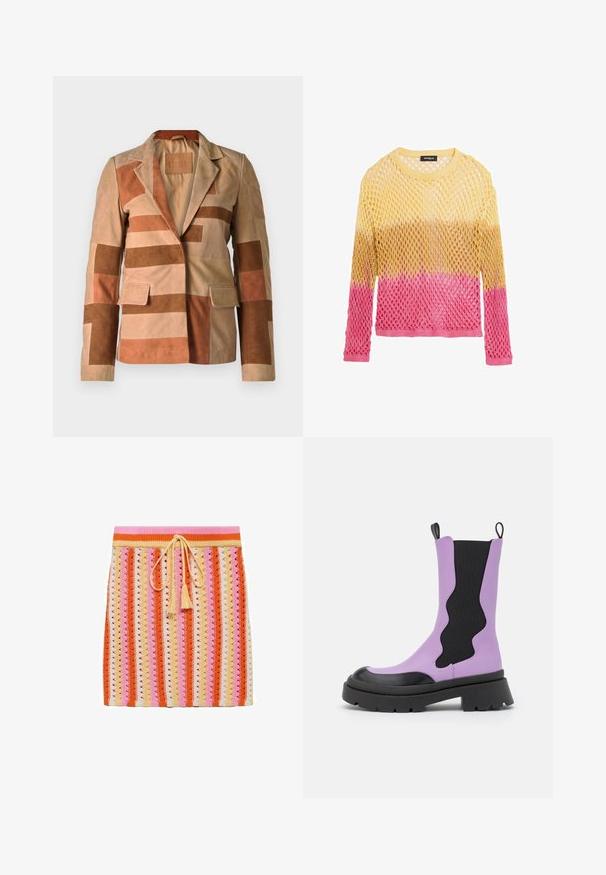 Suede blazeren med patchworkdesign i nuancer af beige og brun, med en notch-krave og to forlommer.; Langærmet åbenstrikket sweater med gul, gylden og pink gradientfarver, med rund halsudskæring og Desigual mærkeetiket.; Strikskørt med stribede mønstre i orange, pink, creme og gul, med snoreliv og dekorative kvaster.; NA-KD WAVY ELASTIC BOOTS - Plateaustøvler - black/purple