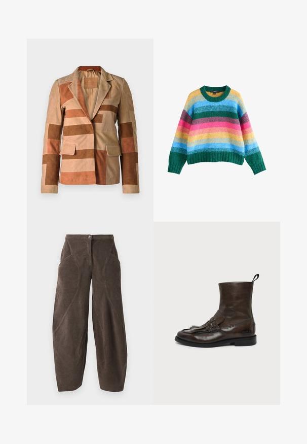 Suede blazer s patchworkovým designem v odstínech béžové a hnědé, s klopovým límcem a dvěma předními kapsami.; Next CREW NECK - Svetr - rainbow stripe; Hnědé široké manšestrové kalhoty s vysokým pasem, předním zapínáním na knoflík a šikmými švy na nohách.; Tmavě hnědá kožená kotníková bota s třásněmi a černou podrážkou, s poutkem vzadu a hladkým, lesklým povrchem.