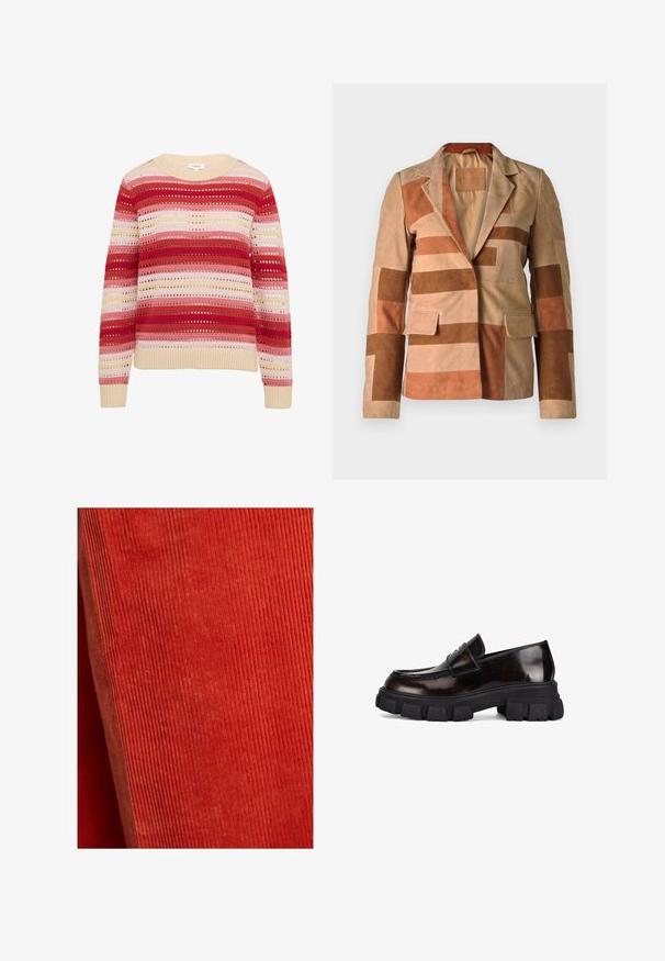 Suède blazer met een patchworkontwerp in tinten beige en bruin, met een gelapte kraag en twee voorkruiszakken.; Gehaakte trui met een ronde halslijn, voorzien van horizontale strepen in rood, roze en beige, met opengewerkte details en geribbelde manchetten.; Rode corduroy stof met verticale ribbels, voorzien van een zachte textuur. De egale kleur en duidelijke lijnen zorgen voor een uniform uiterlijk.; Donkere bruine leren loafer met een dikke zwarte rubberen zool. Voorzien van een sierband over de voorkant met stikseldetails.