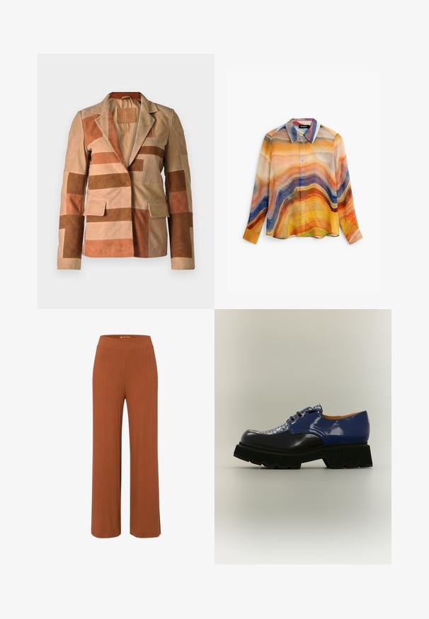 Suède blazer met een patchworkontwerp in tinten beige en bruin, met een gelapte kraag en twee voorkruiszakken.; Overhemd met lange mouwen en knopen, met abstracte golvende strepen in oranje, geel, blauw, paars en beige tinten, met een puntige kraag.; Roodbruine wijde broek van ribstof met een elastische tailleband, met een soepele textuur en een relaxte pasvorm.; Zwart-blauwe leren veterschoen met dikke zwarte geribbelde zool en een blauw-witte stoffen tong met patroon, zijaanzicht.