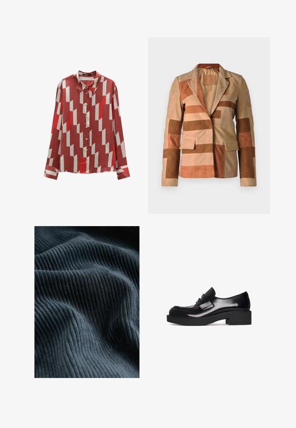 Wildlederblazer mit einem Patchwork-Design in Beige- und Brauntönen, mit einem Reverskragen und zwei Vordertaschen.; Rote und cremefarbene Bluse mit langen Ärmeln, geometrischem Muster, Knopfleiste und Kragen. Glattes Material mit glänzender Textur.; Dunkelblaues geripptes Gewebe mit einer weichen, strukturierten Oberfläche, das vertikale Linien und sanfte Wellen aufweist und Tiefe sowie Bewegung erzeugt.; Schwarzer Loafer aus Lackleder mit abgerundetem Zehenbereich, einem dekorativen Riemen vorne und einem klobigen Blockabsatz. Glatte Oberfläche und minimale Nähte.