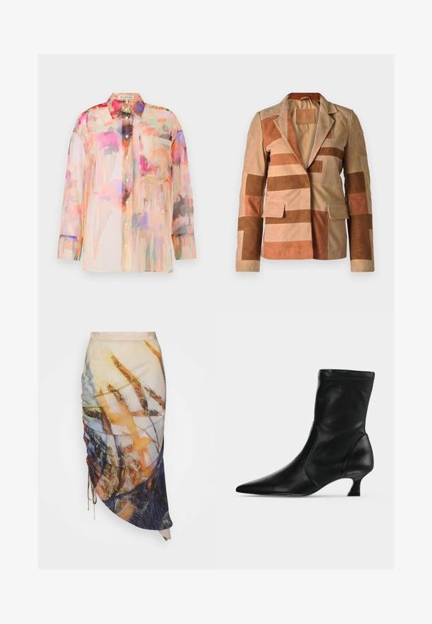 Blazer de ante con un diseño de patchwork en tonos beige y marrón, con cuello de muesca y dos bolsillos frontales.; Blusa transparente de mangas largas en colores pastel con un patrón de acuarela floral, que presenta un collar, botones en la parte delantera y un bolsillo en el pecho.; Materiel DIAGONAL GATHERED SKIRT - Falda de tubo - golden hour; Bota negra de cuero hasta media pantorrilla con puntera puntiaguda y tacón bajo tipo kitten, vista de lado sobre un fondo claro y liso.