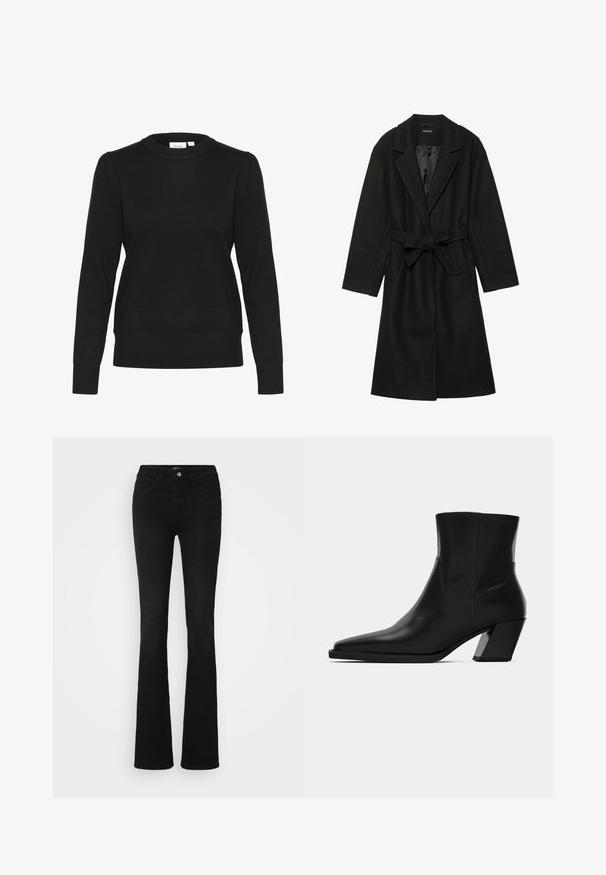 Even&Odd by Zalando BELTED COAT - Manteau classique - black; Pull en tricot noir avec des manches longues, un col rond et des poignets et un ourlet côtelés. Présente des manches légèrement bouffantes pour une texture ajoutée.; Jean évasés noirs en denim, présentant un design classique à cinq poches, des coutures discrètes et une fermeture à bouton à l'avant.; Bottine en cuir noir avec un bout pointu, une silhouette élégante et un talon carré massif. Texture lisse avec des détails de couture minimalistes.